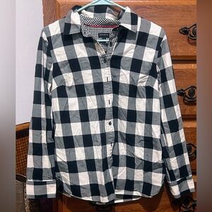 Talbots Black and Cream Buffalo Check Flannel Button Front Top Size Small